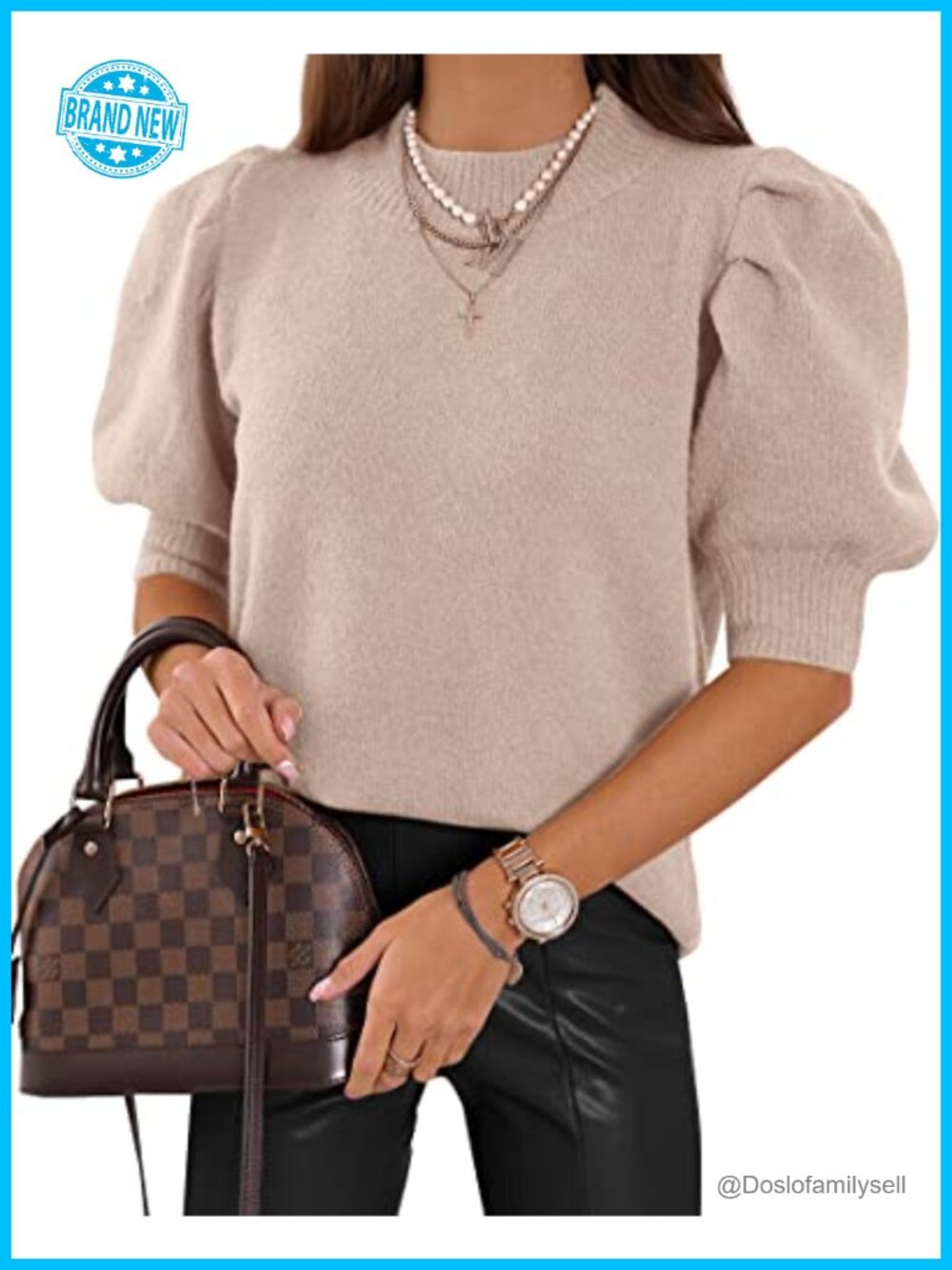 Puff Short Sleeve Knit Sweater Top Crew Neck Casual Blouse